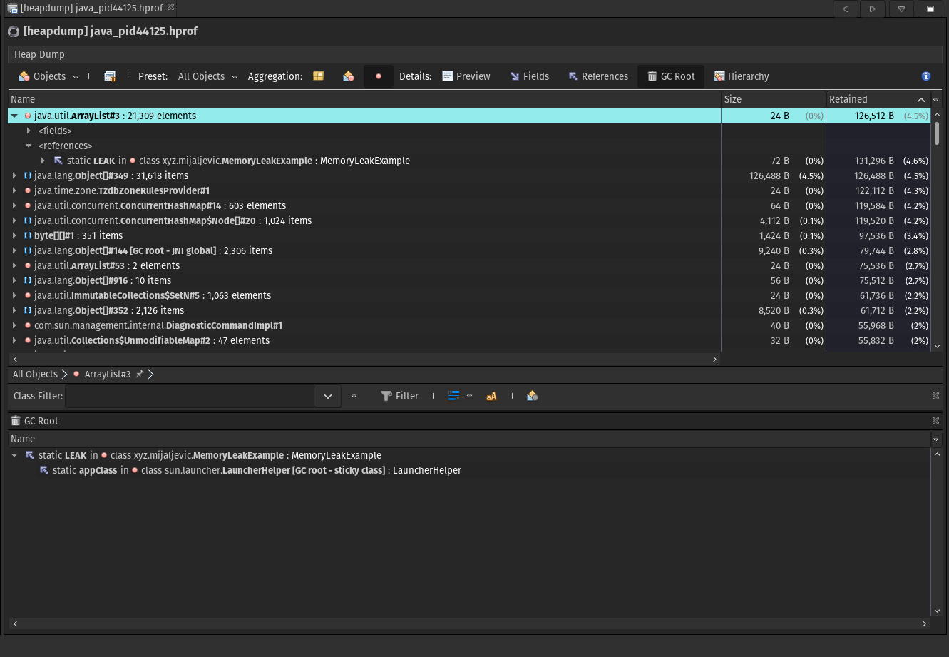 A heap dump generated due to an out of memory exception