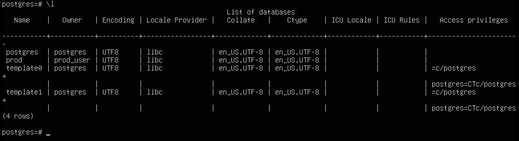 PostgreSQL \l command output